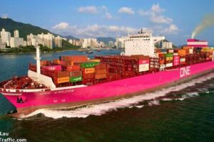 Navio gigante de cor magenta "visita" Brasil pela primeira vez